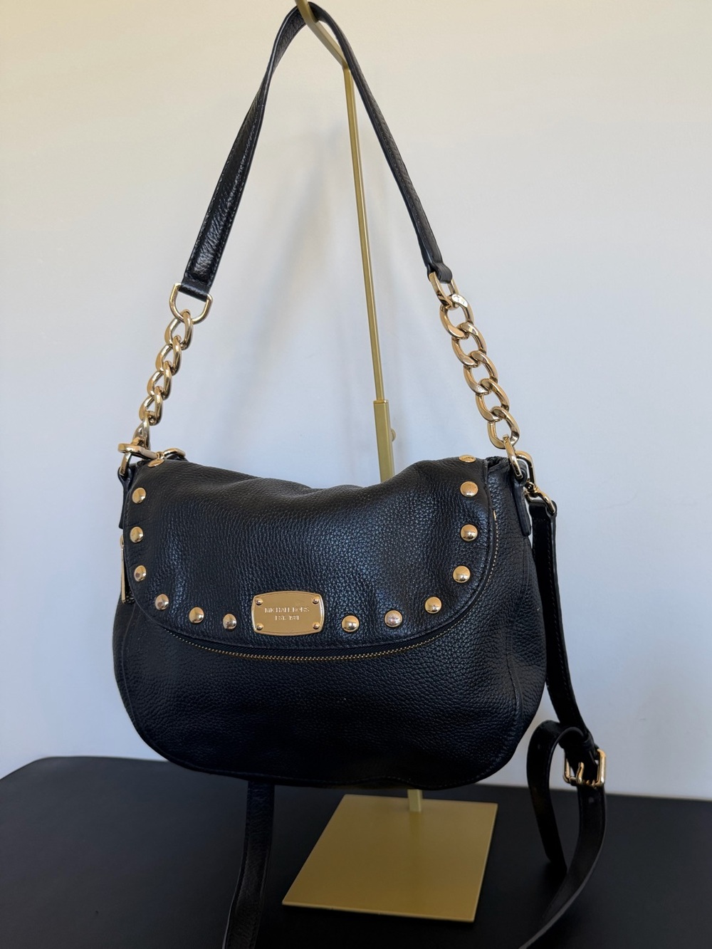 Michael Kors Bedford Black Pebbled Leather Studded Convertible Shoulder Bag